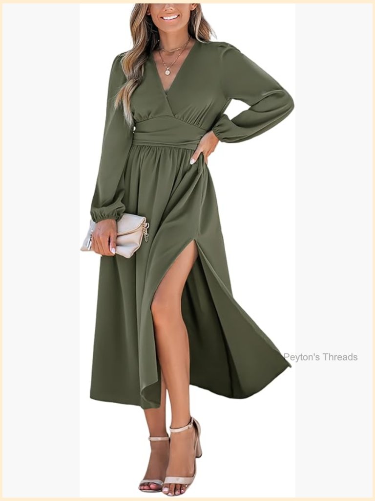 V-Neck Long Sleeve Midi Dress With Side Slit